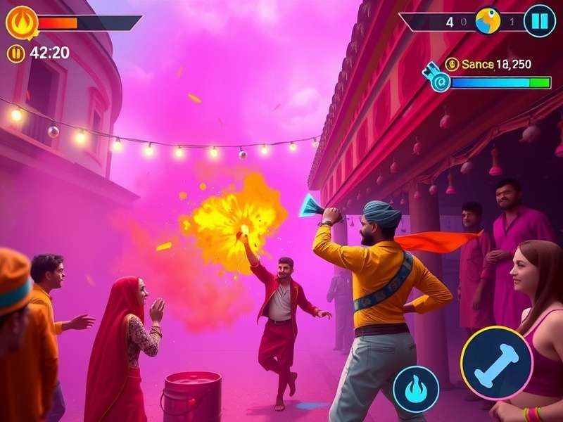 Holi Magic Moments gameplay screenshot showing colorful festival environment